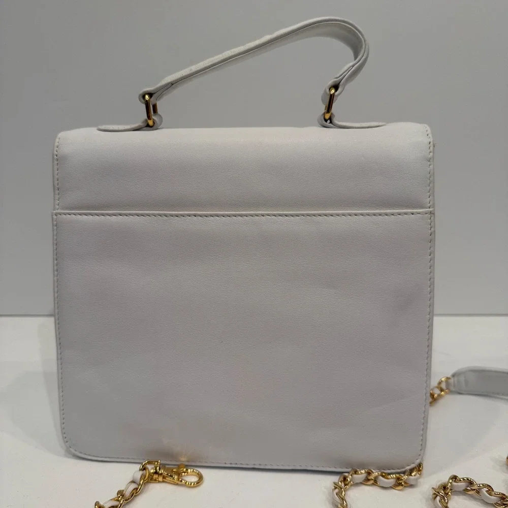 White Leather Top Handle Shoulder Bag‎ Chain Strap Gold Hardware